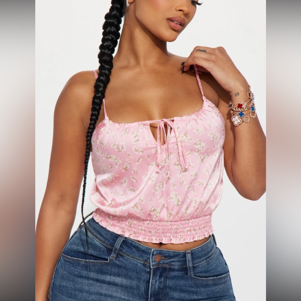 Fashion Nova Pink Floral Tie-Front Smocked Cami
